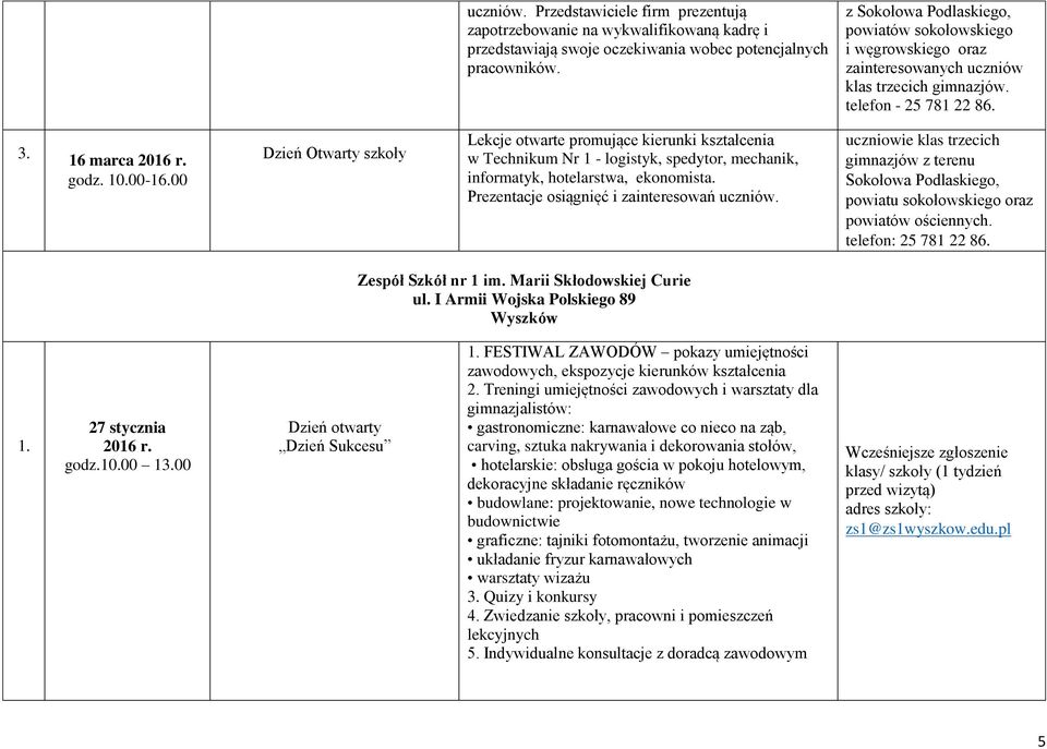 00 Dzień Otwarty szkoły Lekcje otwarte promujące kierunki kształcenia w Technikum Nr 1 - logistyk, spedytor, mechanik, informatyk, hotelarstwa, ekonomista.