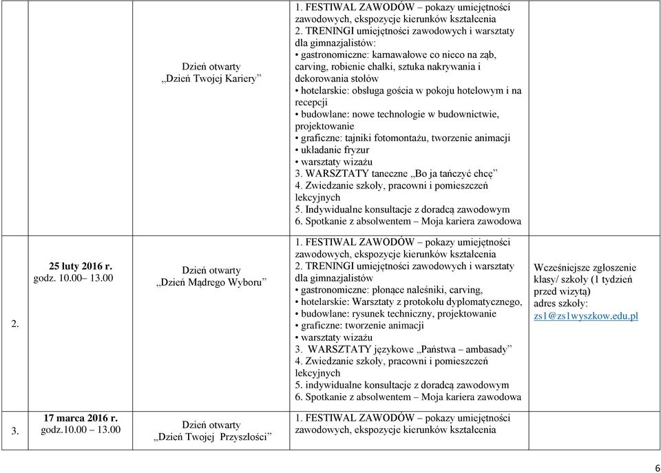 WARSZTATY taneczne Bo ja tańczyć chcę 6. Spotkanie z absolwentem Moja kariera zawodowa 25 luty godz. 10.00 13.
