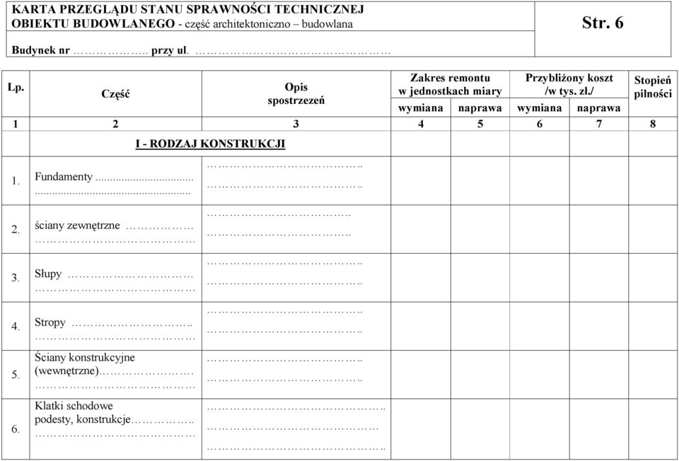 Opis Część spostrzezeń wymiana naprawa wymiana naprawa 1 2 3 4 5 6 7 8 1. Fundamenty...... 2. ściany zewnętrzne 3.