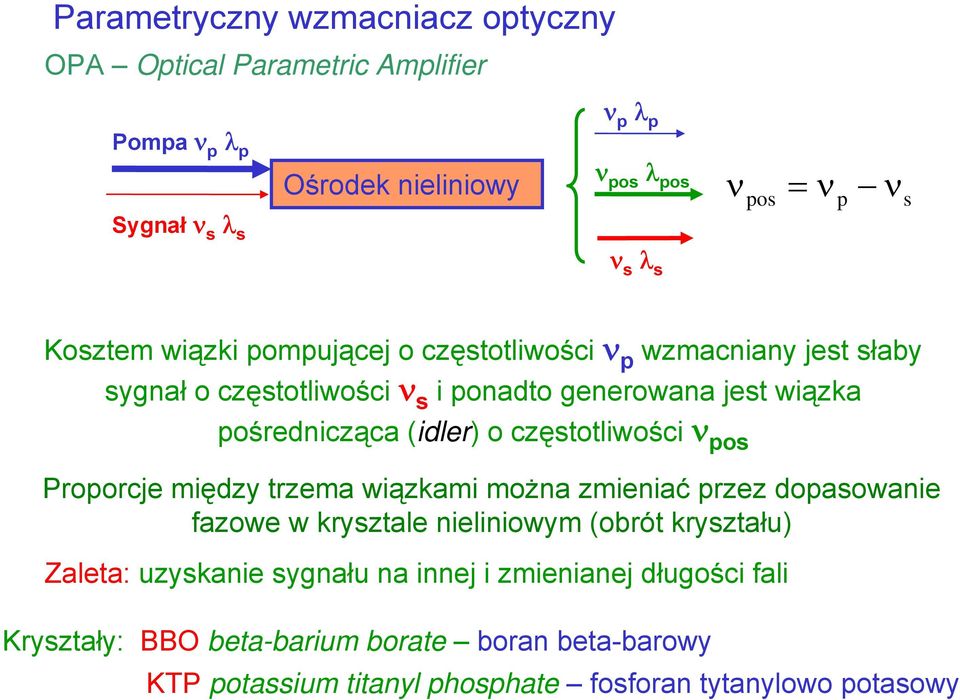 o częstotliwości ν pos Proporcje między trzema wiązkami można zmieniać przez dopasowanie fazowe w krysztale nieliniowym (obrót kryształu) Zaleta: uzyskanie