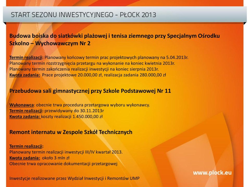 000,00 zł, realizacja zadania 280.000,00 zł Przebudowa sali gimnastycznej przy Szkole Podstawowej Nr 11 Wykonawca: obecnie trwa procedura przetargowa wyboru wykonawcy.