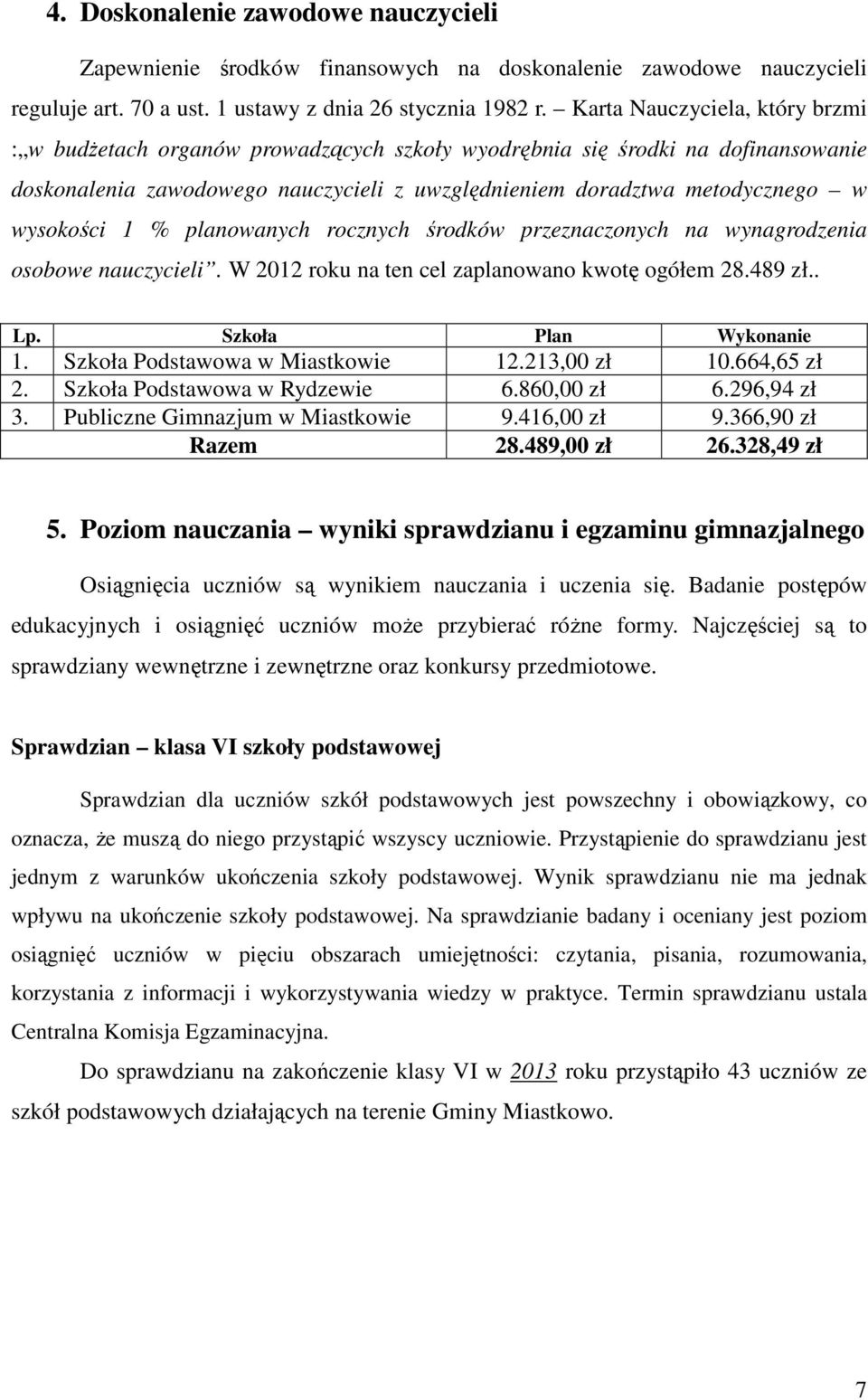 wysokości 1 % planowanych rocznych środków przeznaczonych na wynagrodzenia osobowe nauczycieli. W 2012 roku na ten cel zaplanowano kwotę ogółem 28.489 zł.. Lp. Szkoła Plan Wykonanie 1.