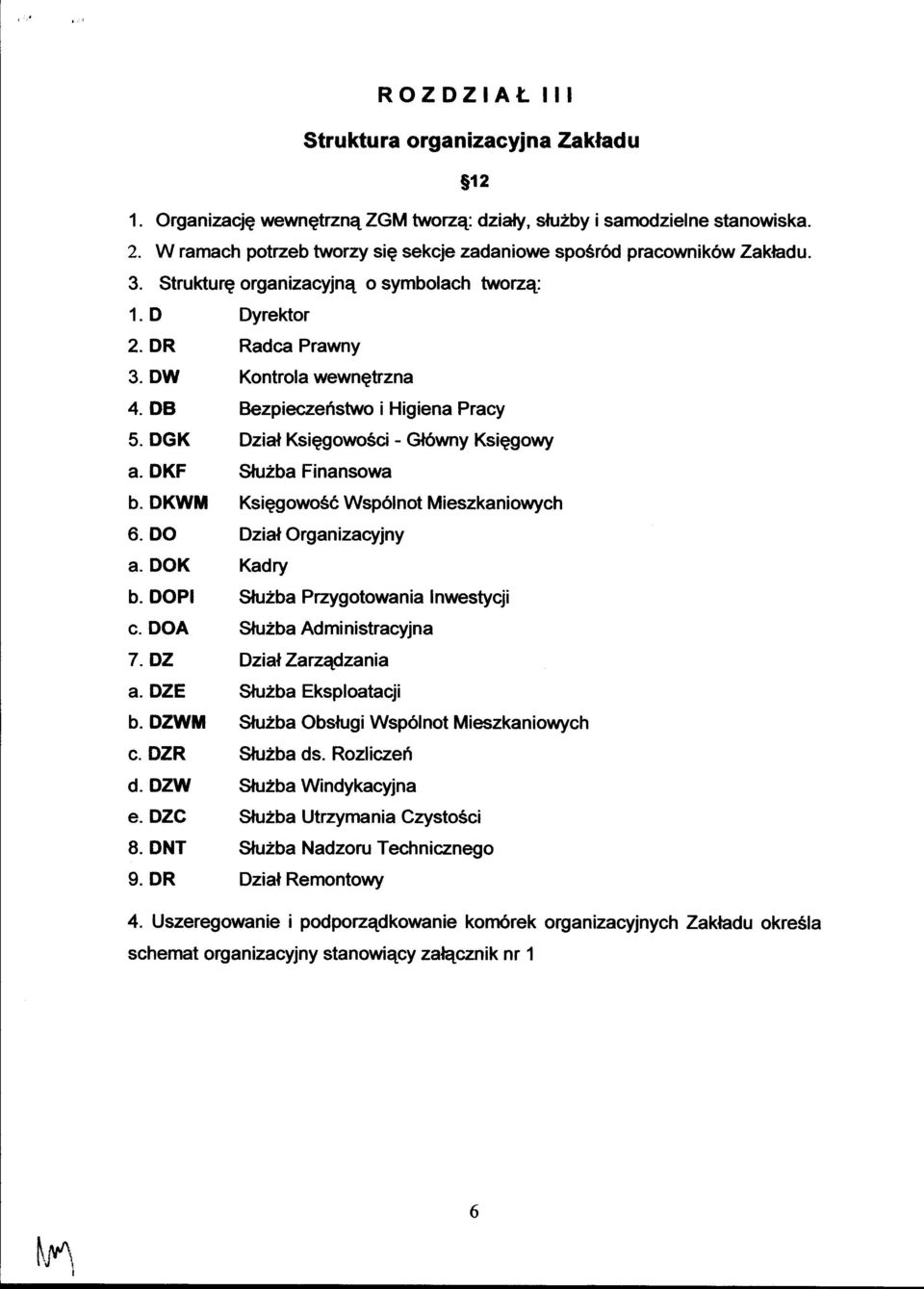 DB Bezpieczefistwo i Higiena Pracy 5. DGK Dzial Ksiggowo5ci - Gl6wny Ksiggowy a. DKF Stu2ba Finansowa b. DKWM Ksiggowo66 Wsp6lnot Mieszkaniowych 6- DO Dzial Organizacyjny a. DOK Kadry b.