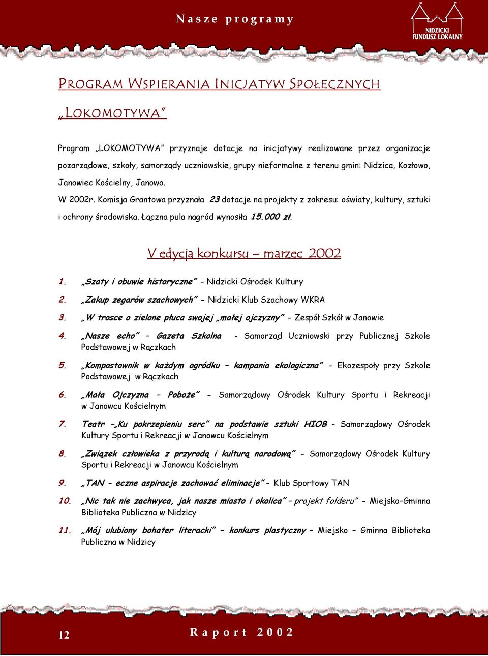 Komisja Grantowa przyznała 23 dotacje na projekty z zakresu: oświaty, kultury, sztuki i ochrony środowiska. Łączna pula nagród wynosiła 15.000 zł. V edycja konkursu marzec 2002 1.
