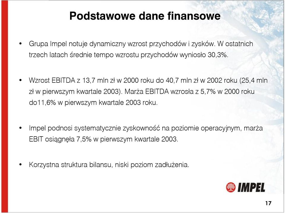Wzrost EBITDA z 13,7 mln zł w 2000 roku do 40,7 mln zł w 2002 roku (25,4 mln zł w pierwszym kwartale 2003).