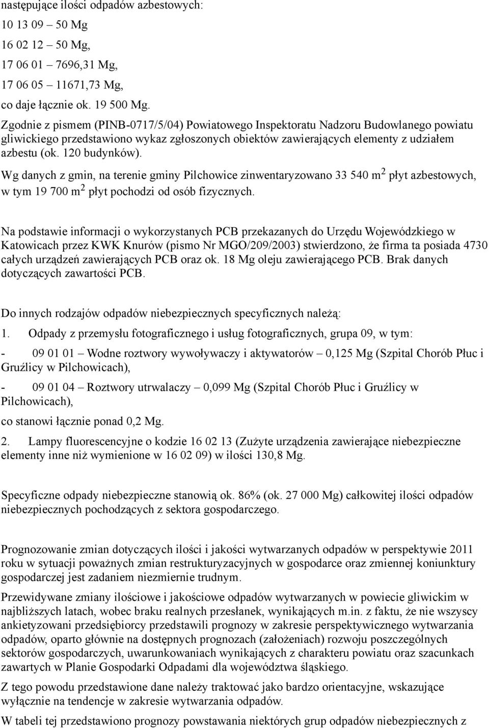 120 budynków). Wg danych z gmin, na terenie gminy Pilchowice zinwentaryzowano 33 540 m 2 płyt azbestowych, w tym 19 700 m 2 płyt pochodzi od osób fizycznych.