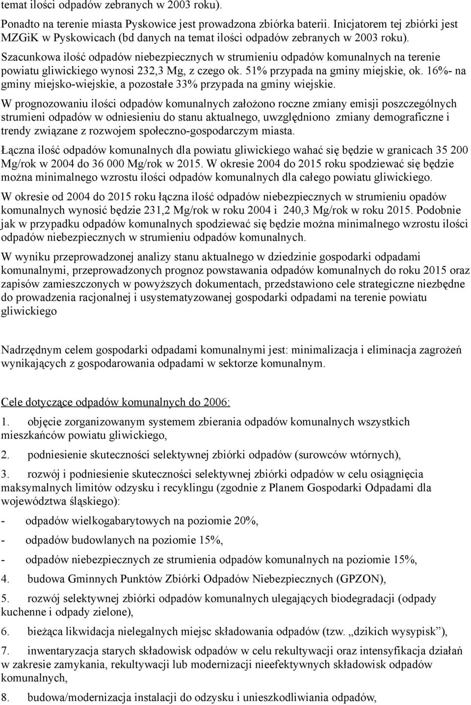 Szacunkowa ilość odpadów niebezpiecznych w strumieniu odpadów komunalnych na terenie powiatu gliwickiego wynosi 232,3 Mg, z czego ok. 51% przypada na gminy miejskie, ok.