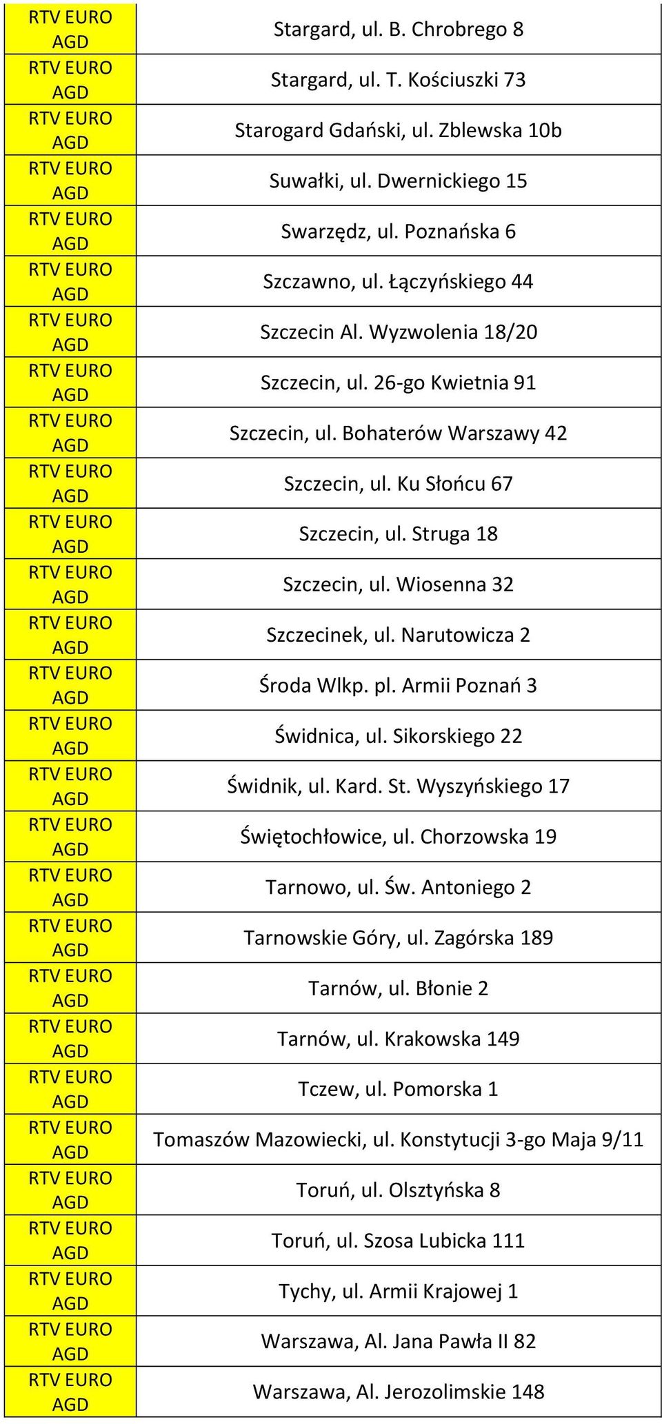 Narutowicza 2 Środa Wlkp. pl. Armii Poznań 3 Świdnica, ul. Sikorskiego 22 Świdnik, ul. Kard. St. Wyszyńskiego 17 Świętochłowice, ul. Chorzowska 19 Tarnowo, ul. Św. Antoniego 2 Tarnowskie Góry, ul.