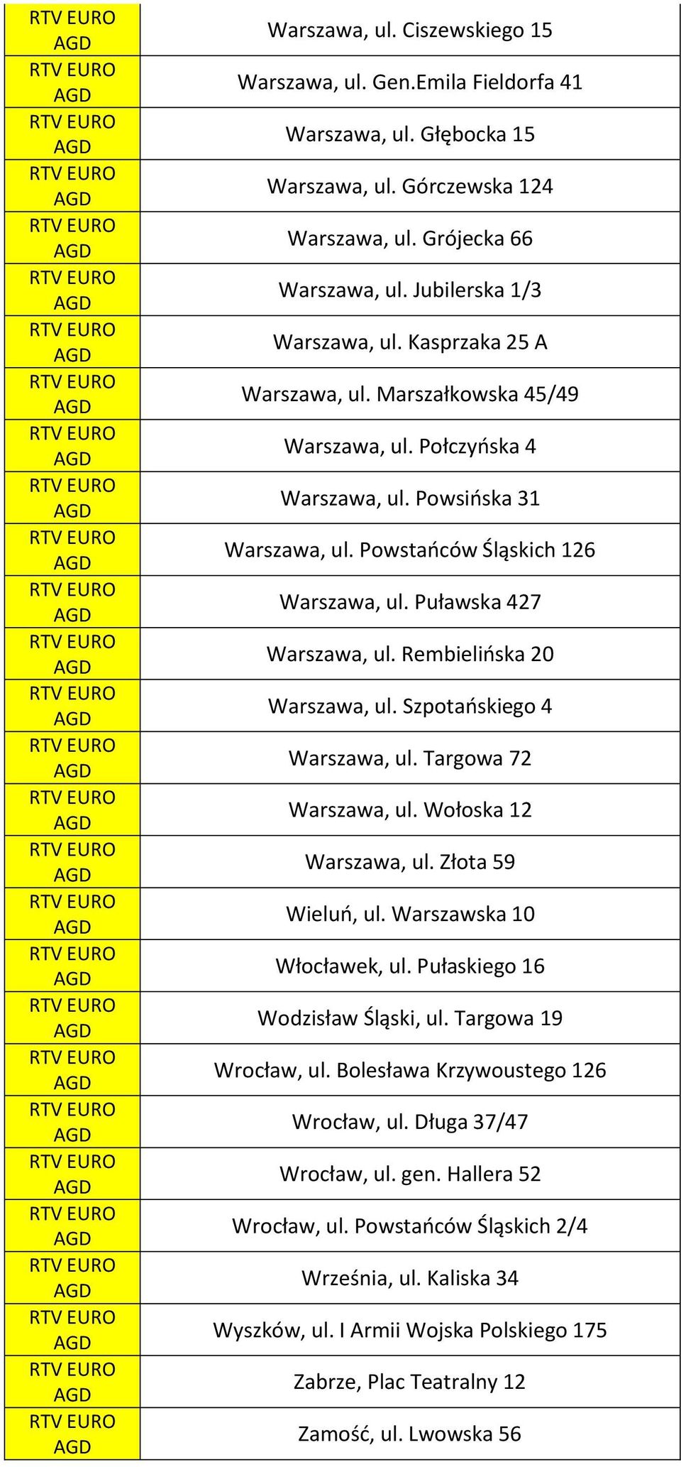 Rembielińska 20 Warszawa, ul. Szpotańskiego 4 Warszawa, ul. Targowa 72 Warszawa, ul. Wołoska 12 Warszawa, ul. Złota 59 Wieluń, ul. Warszawska 10 Włocławek, ul. Pułaskiego 16 Wodzisław Śląski, ul.