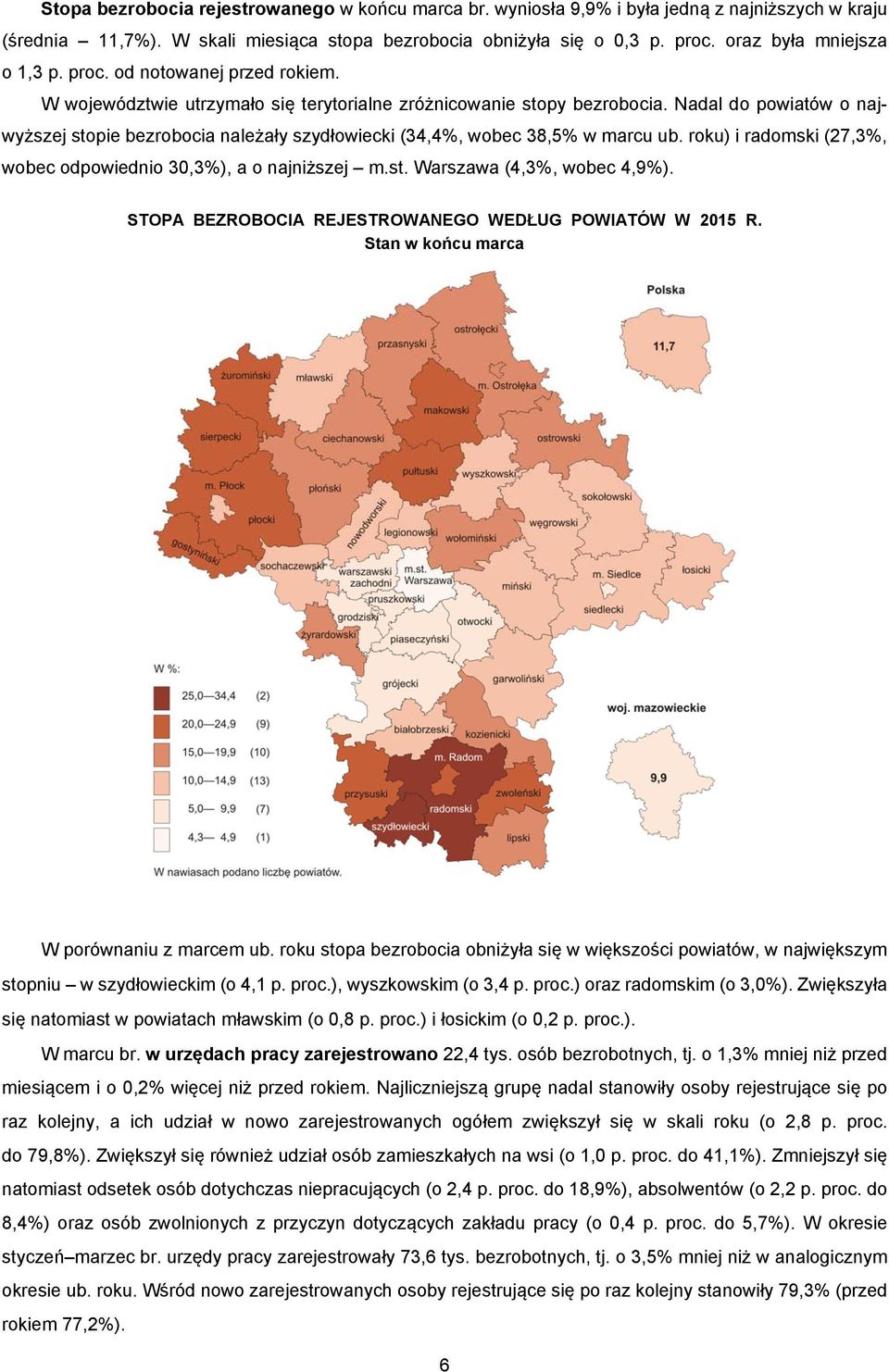 Nadal do powiatów o najwyższej stopie bezrobocia należały szydłowiecki (34,4%, wobec 38,5% w marcu ub. roku) i radomski (27,3%, wobec odpowiednio 30,3%), a o najniższej m.st. Warszawa (4,3%, wobec 4,9%).