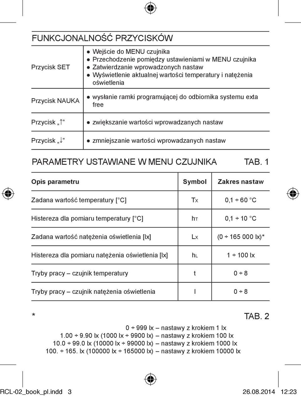 nastaw PARAMETRY USTAWIANE W MENU CZUJNIKA TAB.