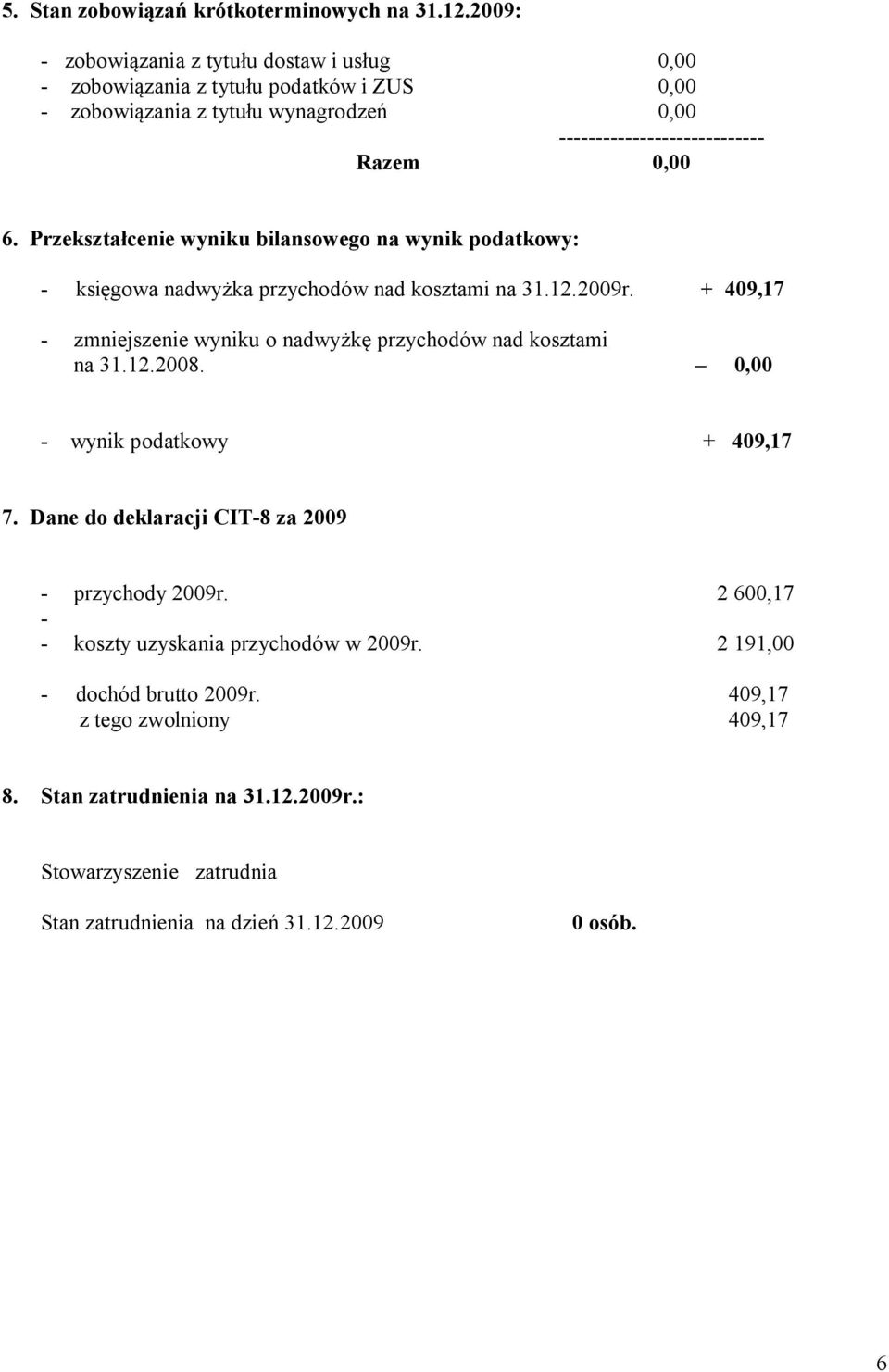 Przekształcenie wyniku bilansowego na wynik podatkowy: - księgowa nadwyżka przychodów nad kosztami na 31.12.2009r.