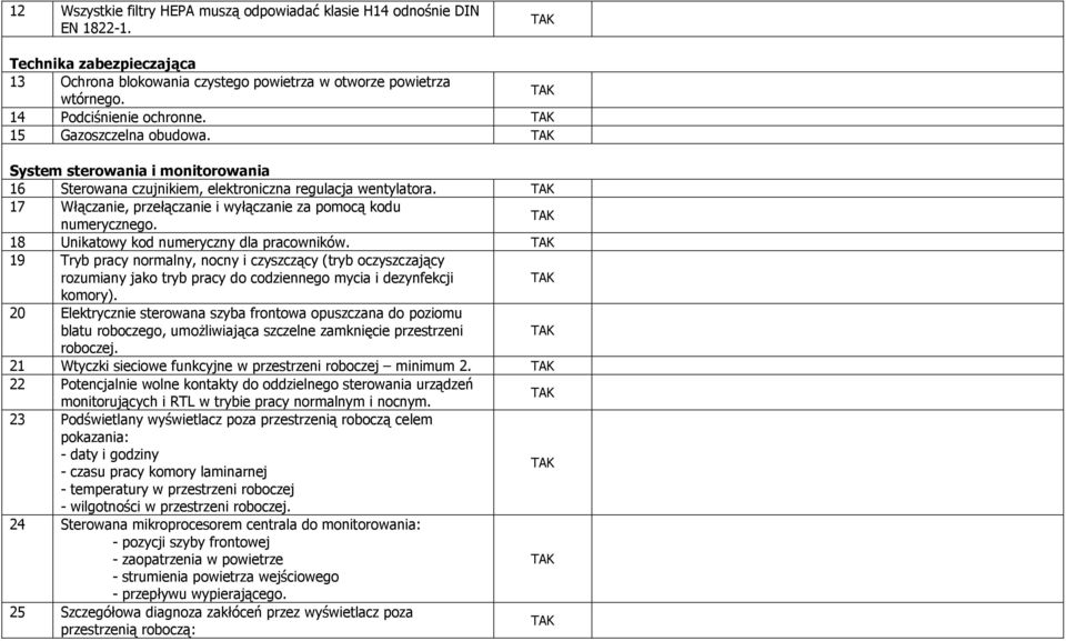 18 Unikatowy kod numeryczny dla pracowników. 19 Tryb pracy normalny, nocny i czyszczący (tryb oczyszczający rozumiany jako tryb pracy do codziennego mycia i dezynfekcji komory).