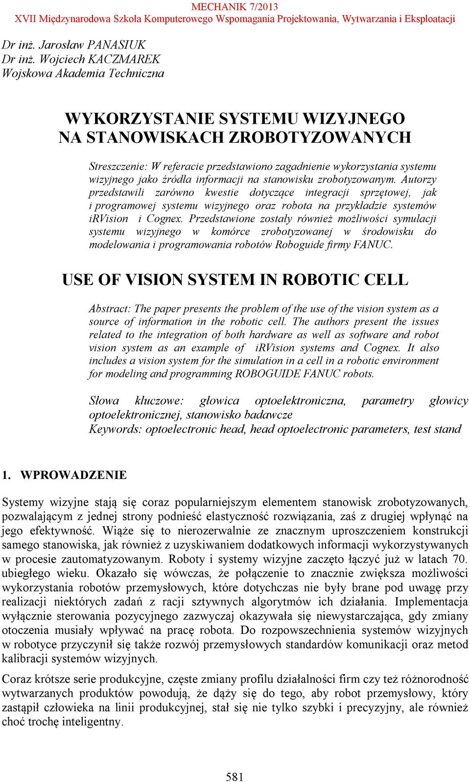 jako źródła informacji na stanowisku zrobotyzowanym.