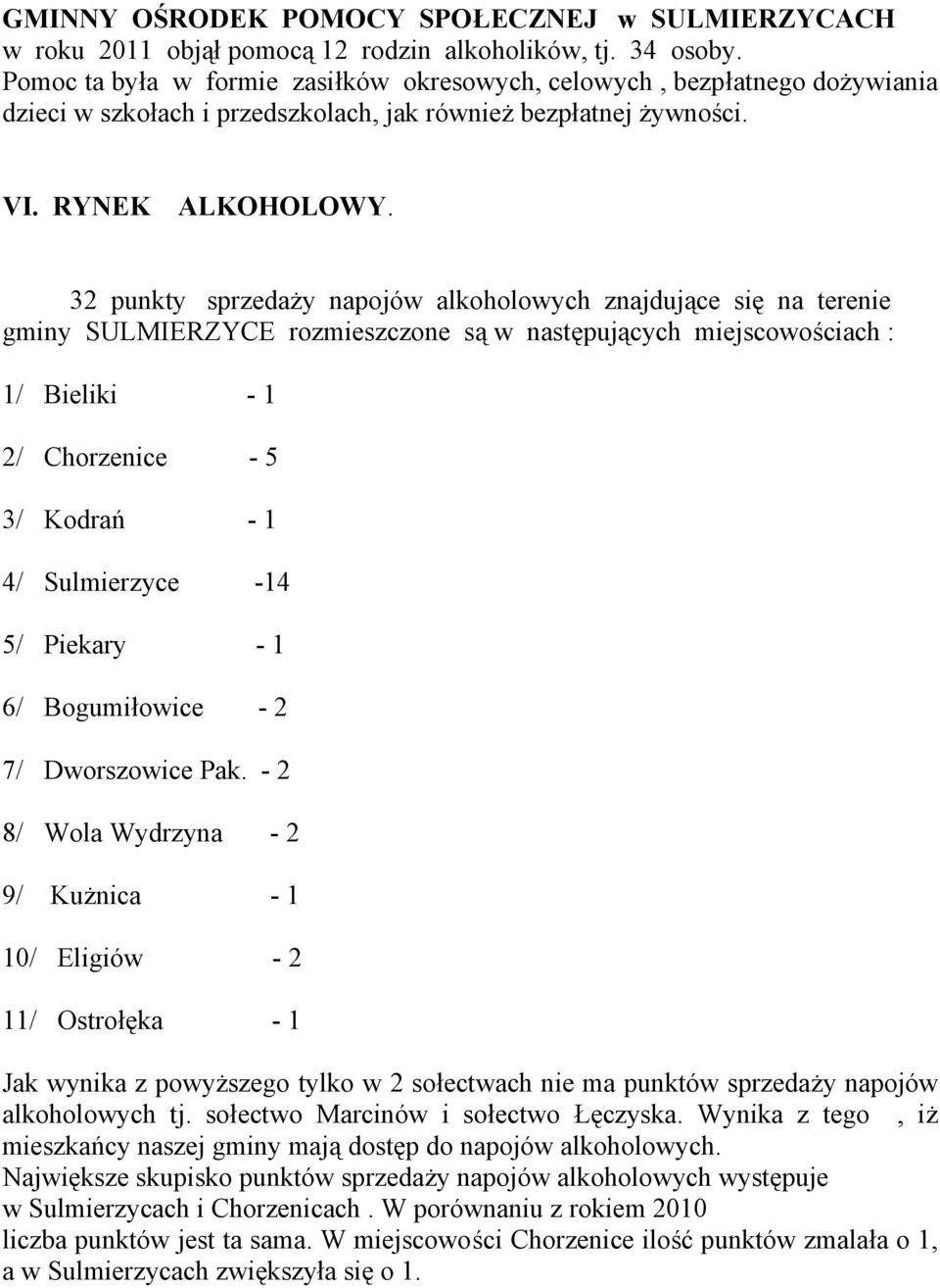 32 punkty sprzedaży napojów alkoholowych znajdujące się na terenie gminy SULMIERZYCE rozmieszczone są w następujących miejscowościach : 1/ Bieliki - 1 2/ Chorzenice - 5 3/ Kodrań - 1 4/ Sulmierzyce
