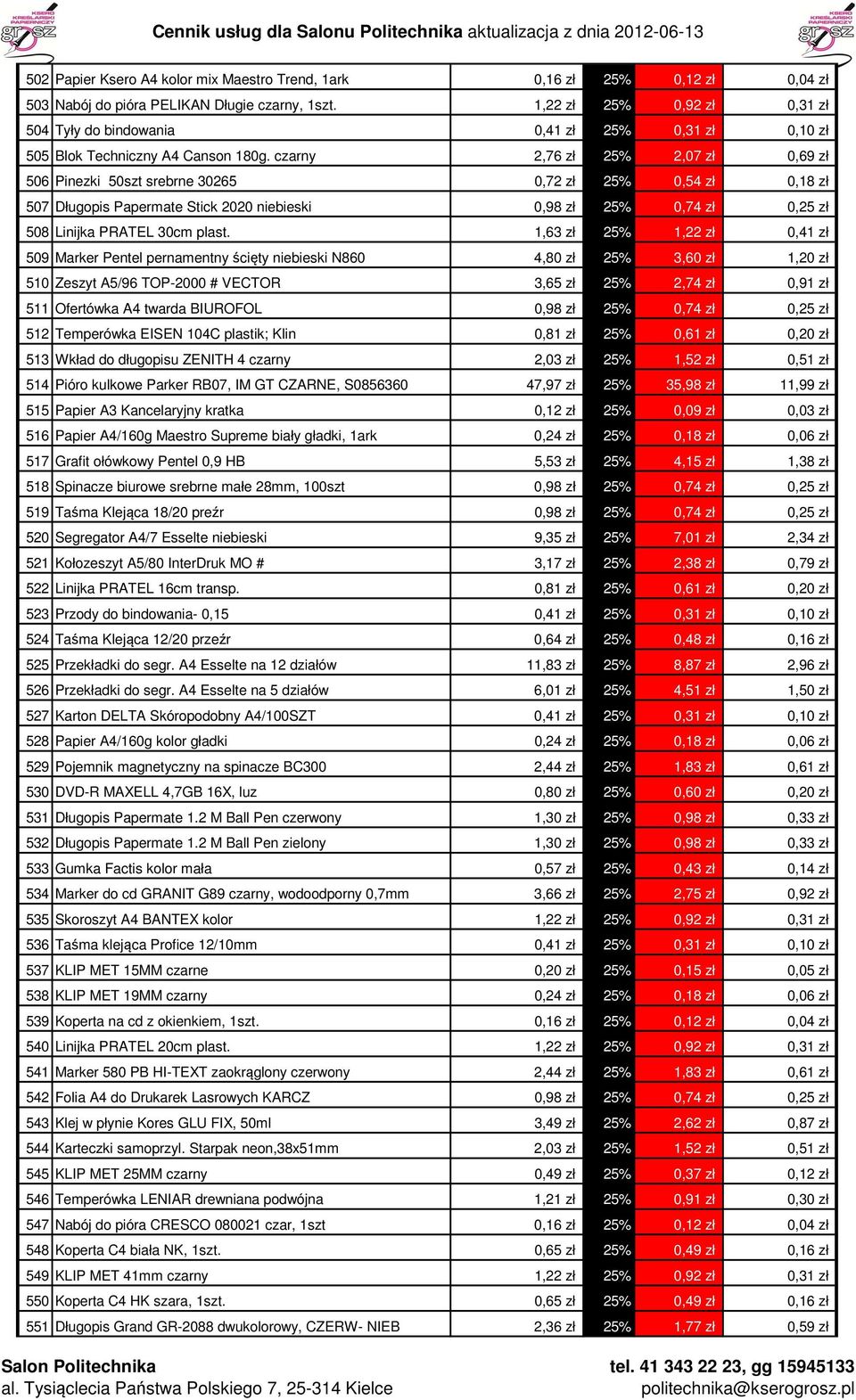 czarny 2,76 zł 25% 2,07 zł 0,69 zł 506 Pinezki 50szt srebrne 30265 0,72 zł 25% 0,54 zł 0,18 zł 507 Długopis Papermate Stick 2020 niebieski 0,98 zł 25% 0,74 zł 0,25 zł 508 Linijka PRATEL 30cm plast.