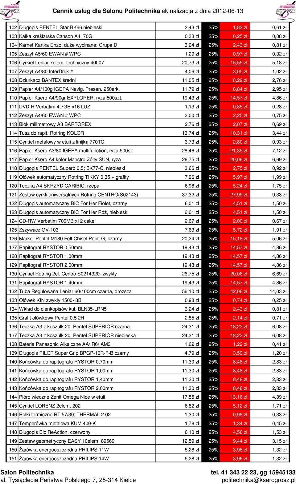 techniczny 40007 20,73 zł 25% 15,55 zł 5,18 zł 107 Zeszyt A4/80 InterDruk # 4,06 zł 25% 3,05 zł 1,02 zł 108 Dziurkacz BANTEX średni 11,05 zł 25% 8,29 zł 2,76 zł 109 Papier A4/100g IGEPA Navig. Presen.