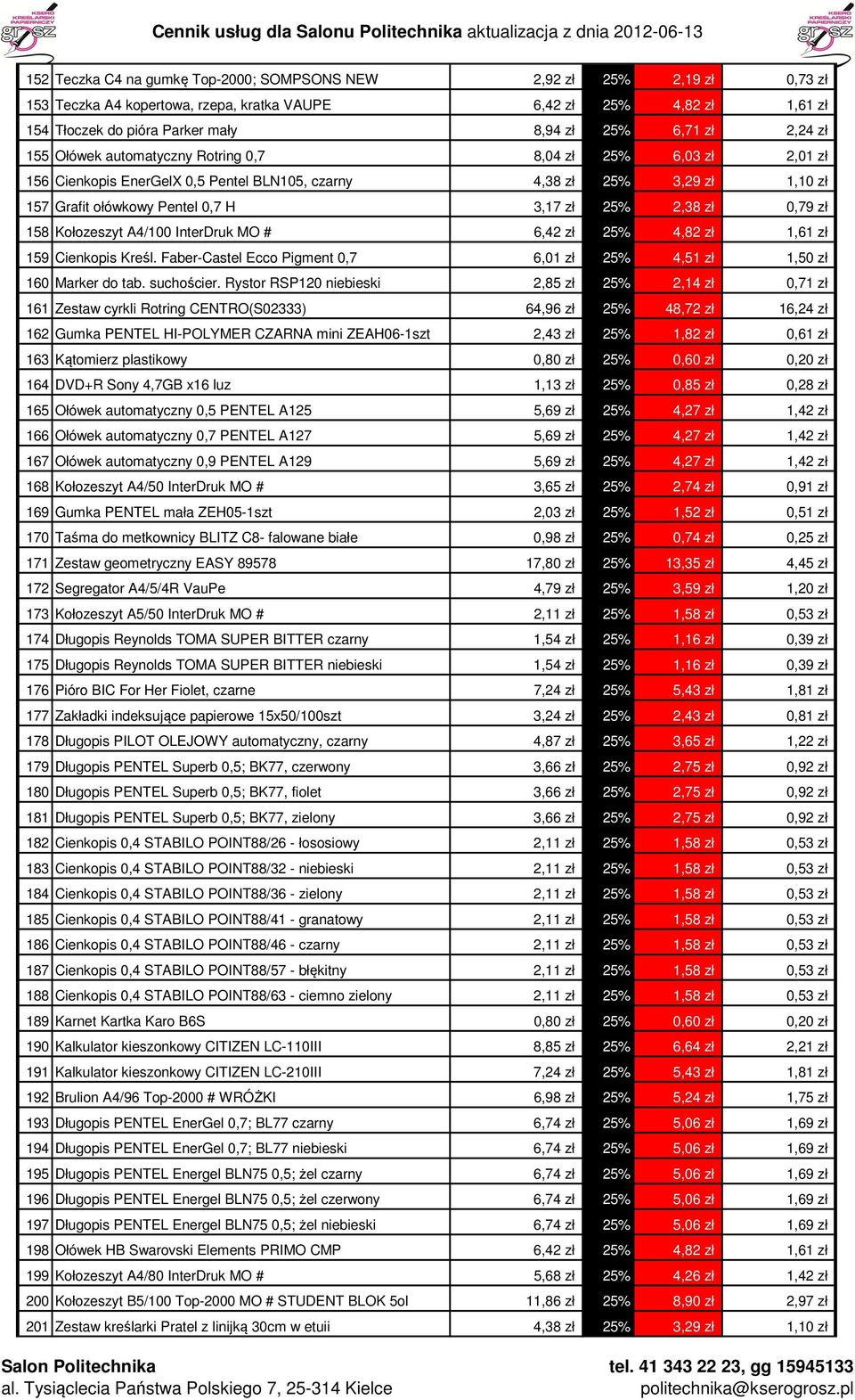 zł 0,79 zł 158 Kołozeszyt A4/100 InterDruk MO # 6,42 zł 25% 4,82 zł 1,61 zł 159 Cienkopis Kreśl. Faber-Castel Ecco Pigment 0,7 6,01 zł 25% 4,51 zł 1,50 zł 160 Marker do tab. suchościer.