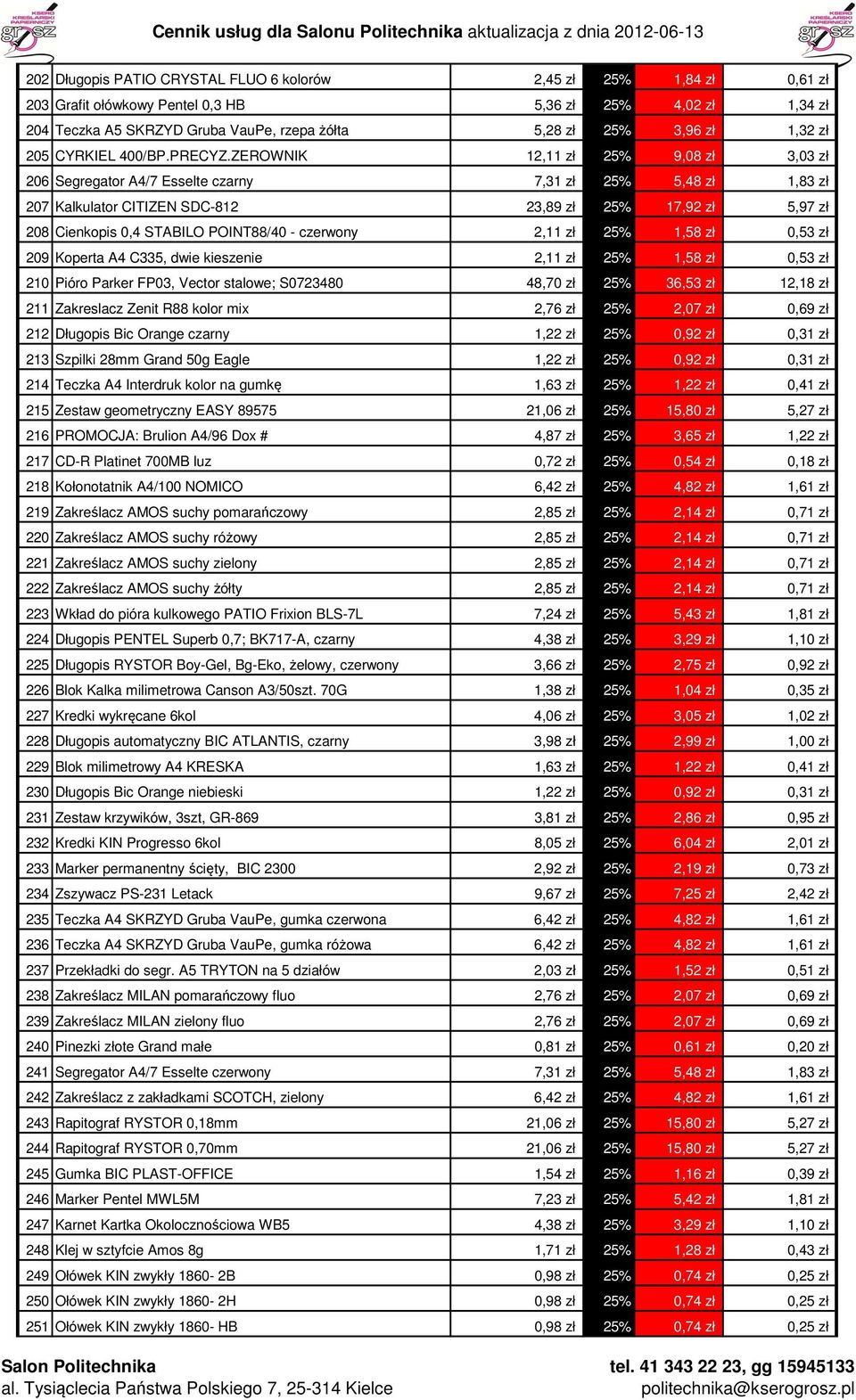 ZEROWNIK 12,11 zł 25% 9,08 zł 3,03 zł 206 Segregator A4/7 Esselte czarny 7,31 zł 25% 5,48 zł 1,83 zł 207 Kalkulator CITIZEN SDC-812 23,89 zł 25% 17,92 zł 5,97 zł 208 Cienkopis 0,4 STABILO POINT88/40