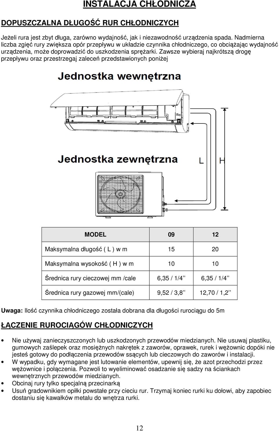 Zawsze wybieraj najkrótszą drogę przepływu oraz przestrzegaj zaleceń przedstawionych poniżej MODEL 09 12 Maksymalna długość ( L ) w m 15 20 Maksymalna wysokość ( H ) w m 10 10 Średnica rury cieczowej