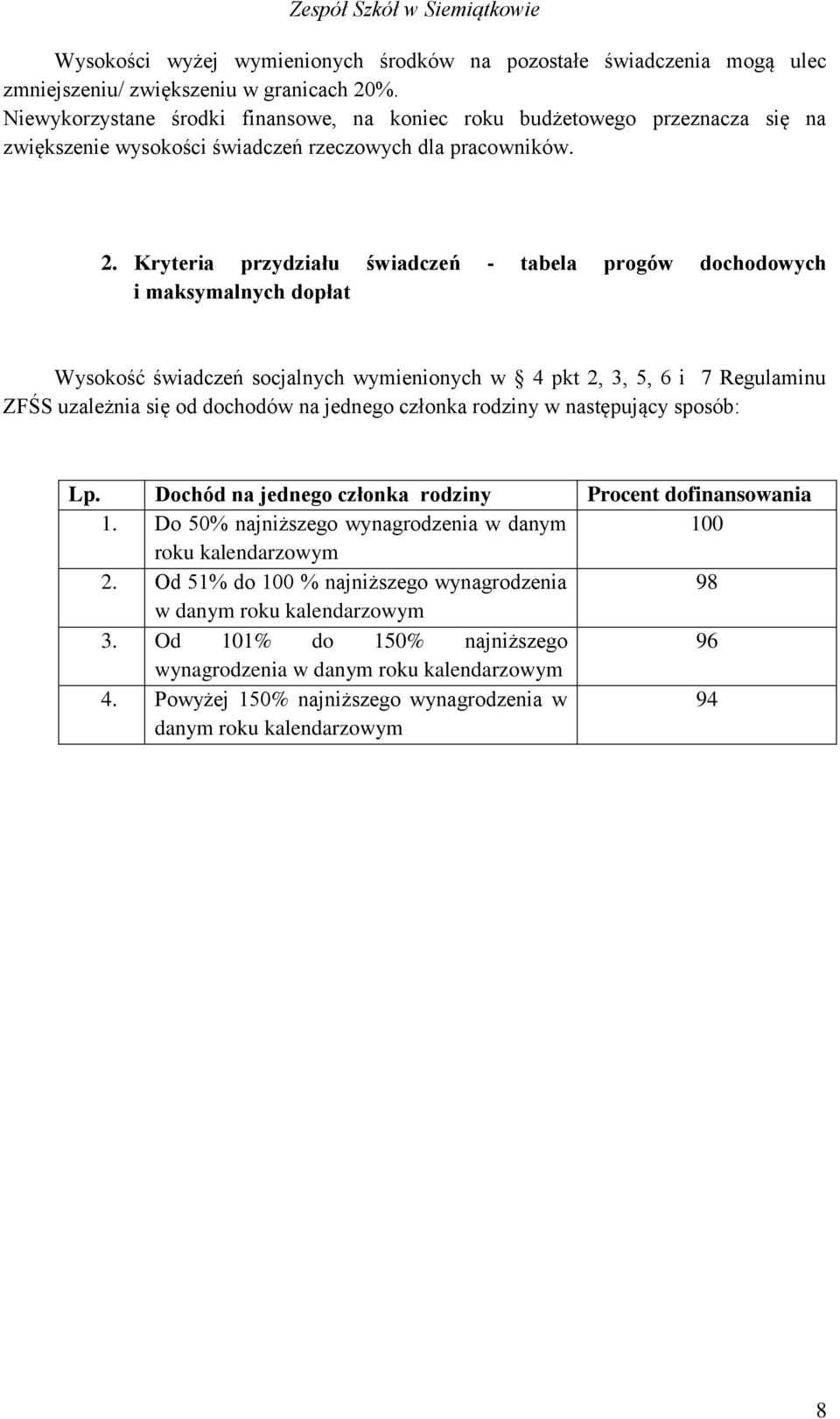 Kryteria przydziału świadczeń - tabela progów dochodowych i maksymalnych dopłat Wysokość świadczeń socjalnych wymienionych w 4 pkt 2, 3, 5, 6 i 7 Regulaminu ZFŚS uzależnia się od dochodów na jednego