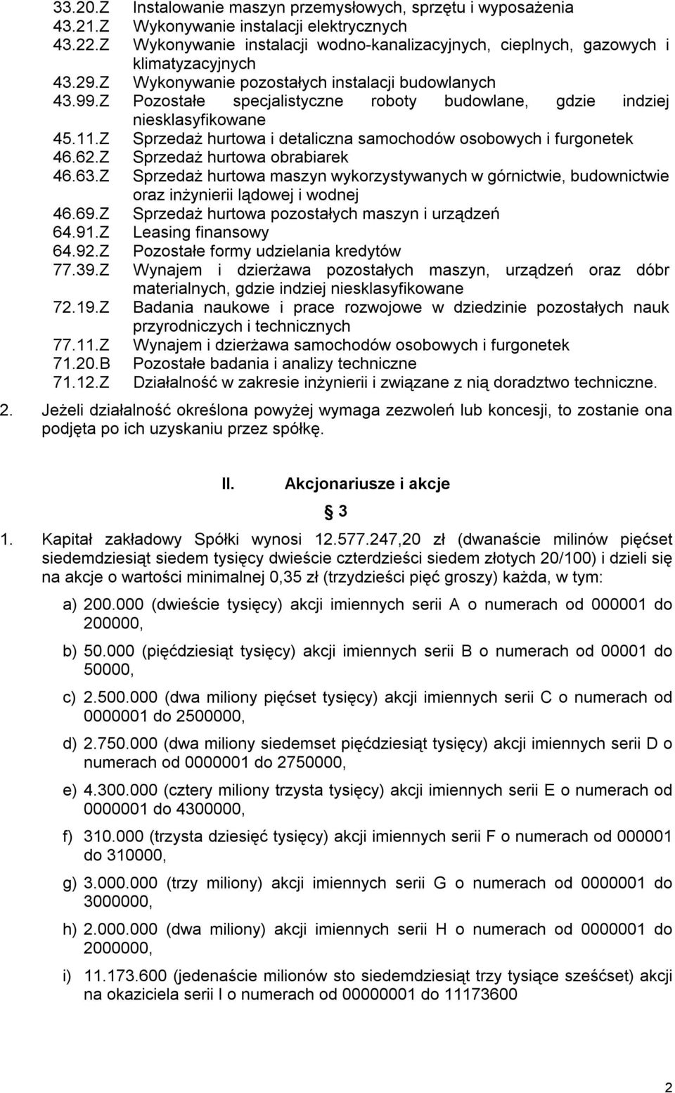 Z Pozostałe specjalistyczne roboty budowlane, gdzie indziej niesklasyfikowane 45.11.Z Sprzedaż hurtowa i detaliczna samochodów osobowych i furgonetek 46.62.Z Sprzedaż hurtowa obrabiarek 46.63.