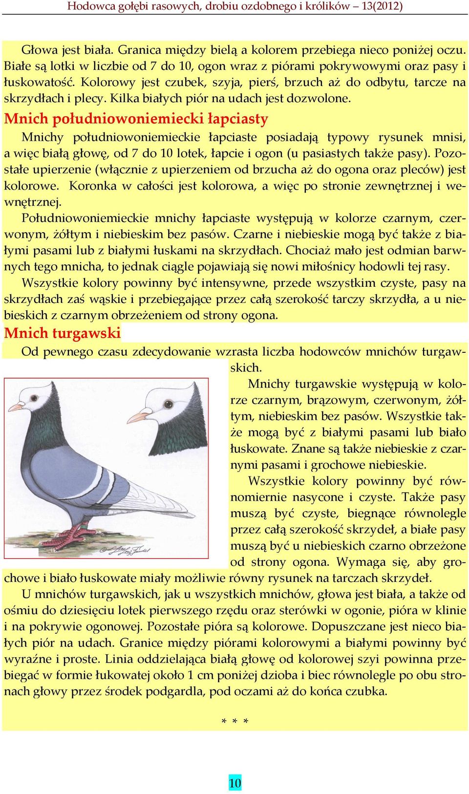 Mnich południowoniemiecki łapciasty Mnichy południowoniemieckie łapciaste posiadają typowy rysunek mnisi, a więc białą głowę, od 7 do 10 lotek, łapcie i ogon (u pasiastych także pasy).