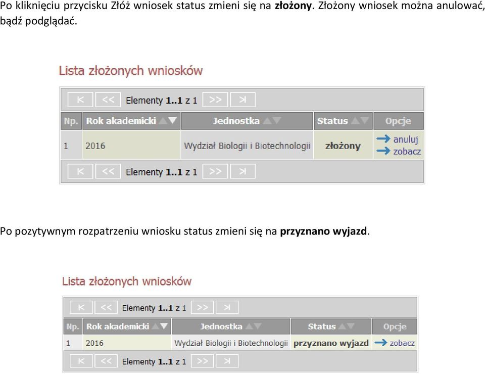 Złożony wniosek można anulować, bądź podglądać.