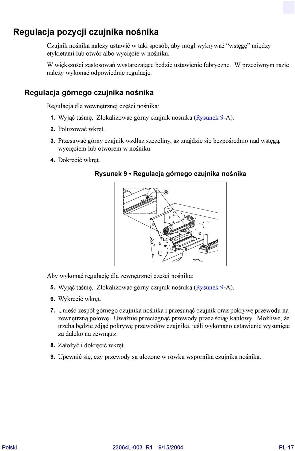 Regulacja górnego czujnika nośnika Regulacja dla wewnętrznej części nośnika: 1. Wyjąć taśmę. Zlokalizować górny czujnik nośnika (Rysunek 9-A). 2. Poluzować wkręt. 3.