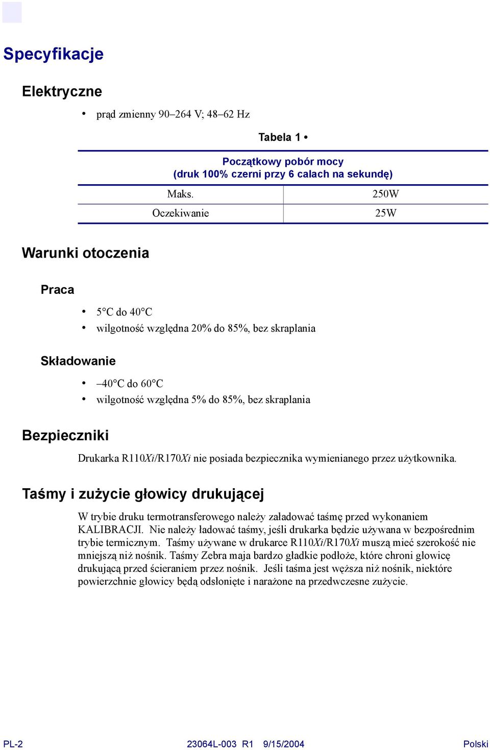 R110Xi/R170Xi nie posiada bezpiecznika wymienianego przez użytkownika. Taśmy i zużycie głowicy drukującej W trybie druku termotransferowego należy załadować taśmę przed wykonaniem KALIBRACJI.