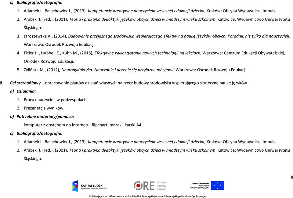 , (2014), Budowanie przyjaznego środowiska wspierającego efektywną naukę języków obcych. Poradnik nie tylko dla nauczycieli, 4. Pitler H., Hubbell E., Kuhn M.