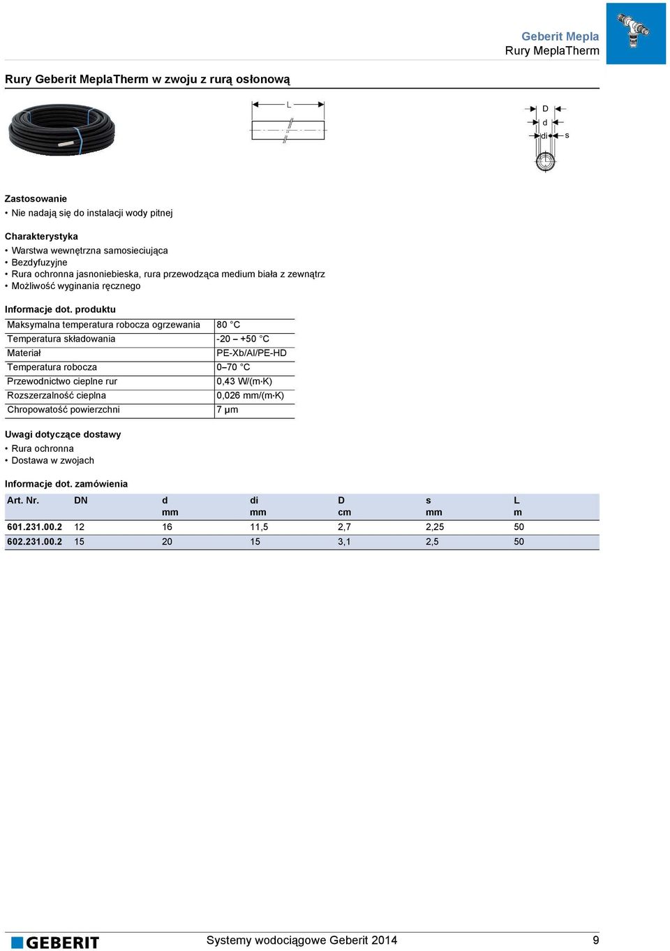 prouktu Maksymalna temperatura robocza ogrzewania 80 C Temperatura skłaowania -20 +50 C PE-Xb/Al/PE-D Temperatura robocza 0 70 C Przewonictwo cieplne rur 0,43 W/(m K)