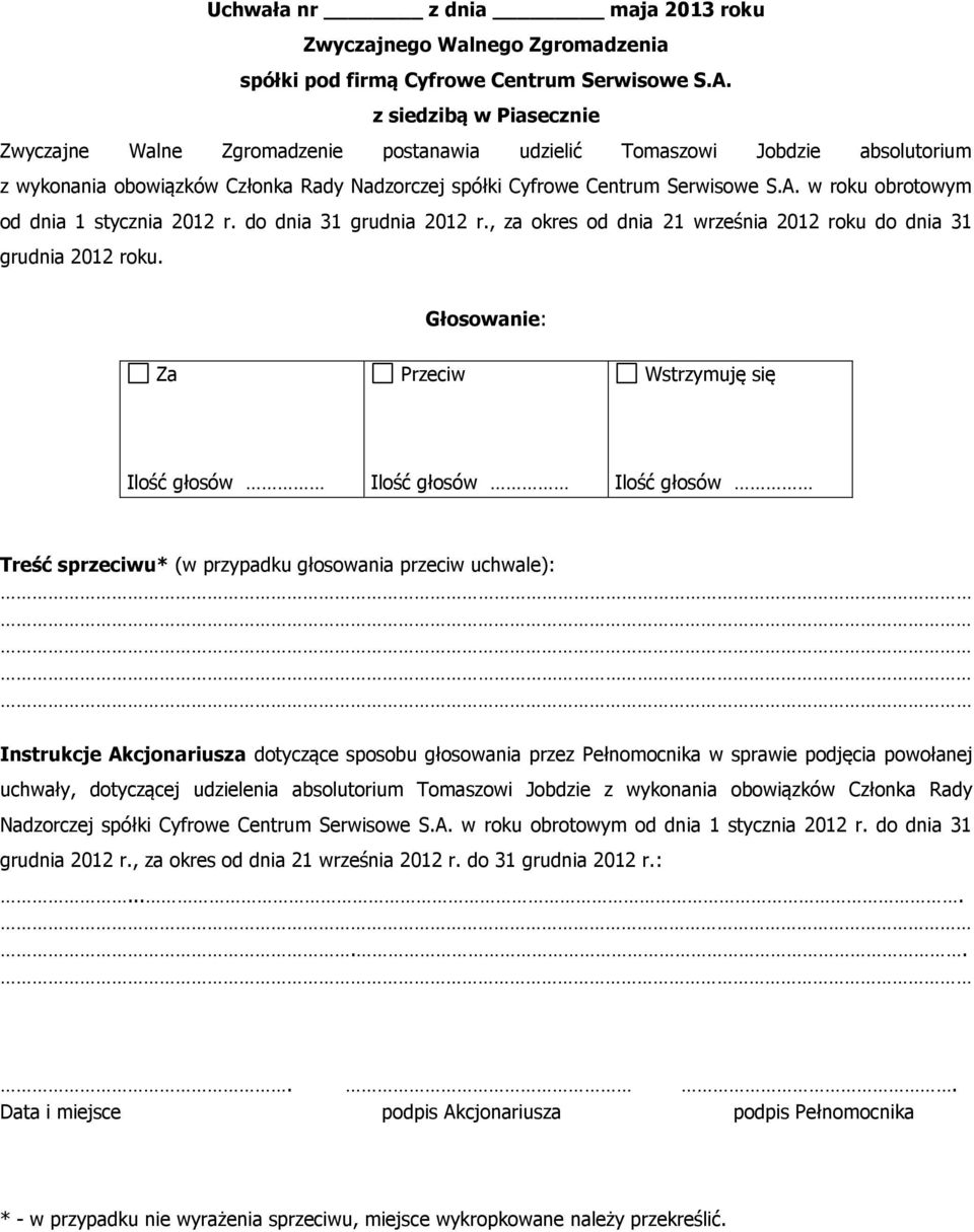 Instrukcje Akcjonariusza dotyczące sposobu głosowania przez Pełnomocnika w sprawie podjęcia powołanej uchwały, dotyczącej udzielenia absolutorium Tomaszowi Jobdzie z wykonania