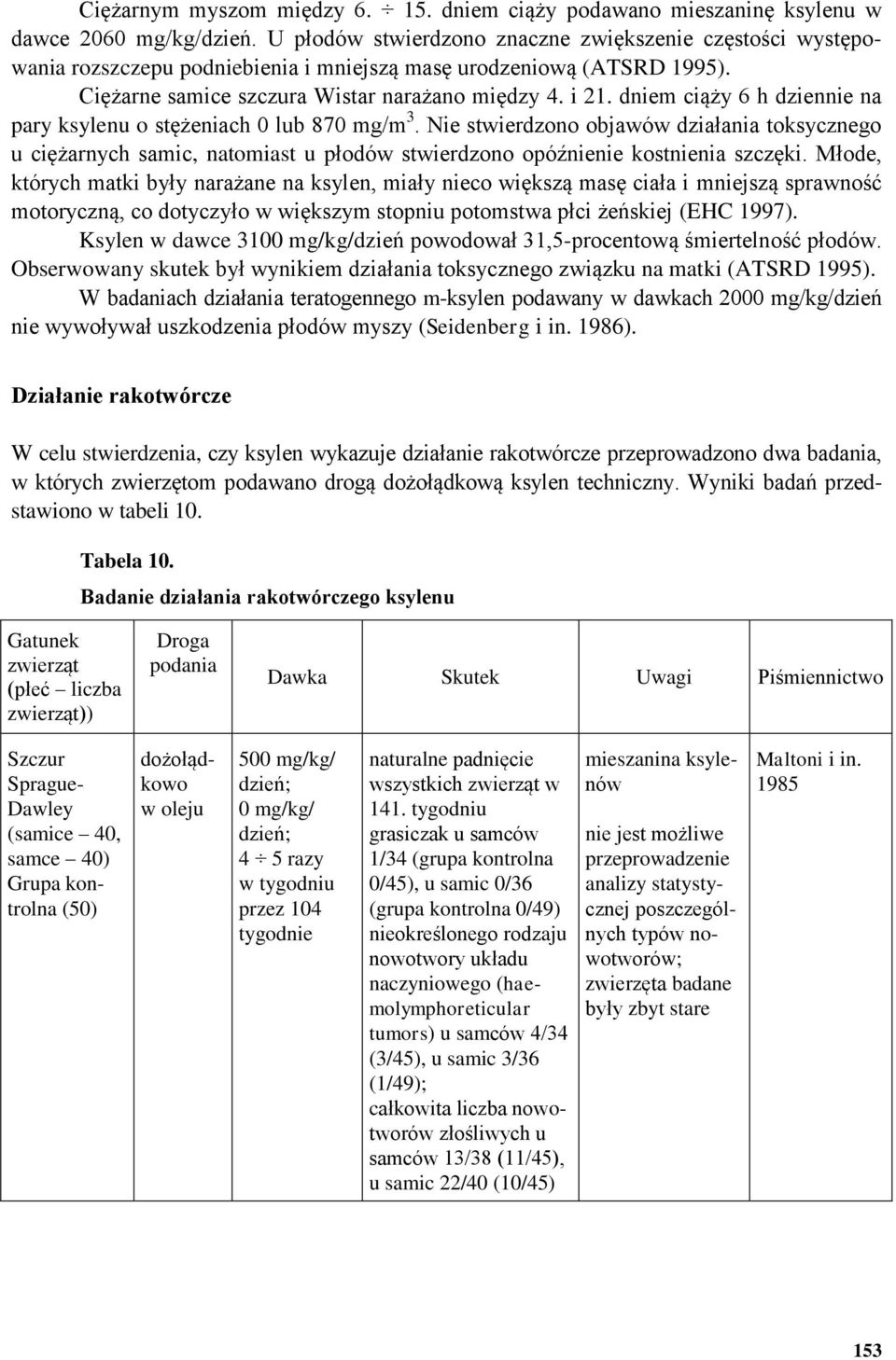 dniem ciąży 6 h dziennie na pary ksylenu o stężeniach 0 lub 870 mg/m 3. Nie stwierdzono objawów działania toksycznego u ciężarnych samic, natomiast u płodów stwierdzono opóźnienie kostnienia szczęki.