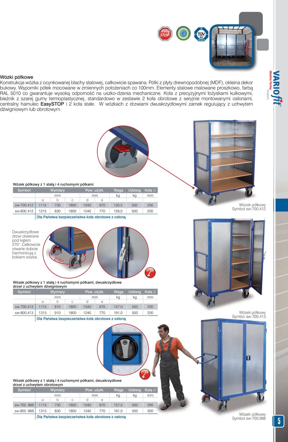 Koła z precyzyjnymi łożyskami kulkowymi, bieżnik z szarej gumy termoplastycznej, standardowo w zestawie 2 koła obrotowe z seryjnie montowanymi osłonami, centralny hamulec EasySTOP i 2 koła stałe.