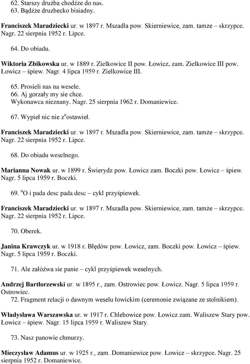 Do obiadu weselnego. Marianna Nowak ur. w 1899 r. Świerydz pow. Łowicz zam. Boczki pow. Łowicz śpiew. Nagr. 5 lipca 1959 r. Boczki. 69. u O i pada desc pada desc cykl przyśpiewek. 70. Oberek.