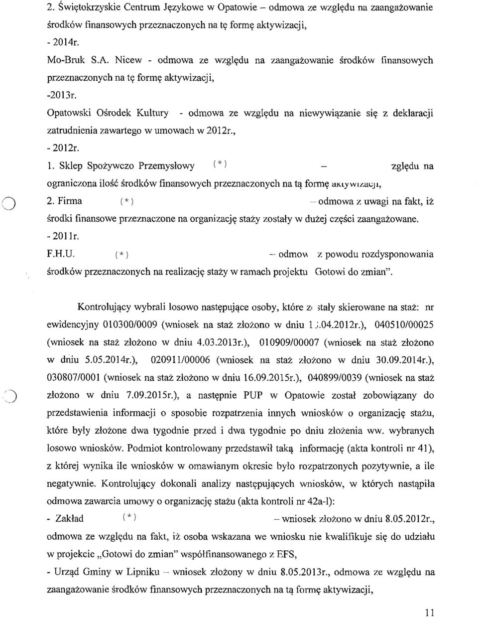 Opatowski Ośrodek Kultury - odmowa ze względu na niewywiązanie się z deklaracji zatrudnienia zawartego w umowach w 2012r., - 2012r. 1.