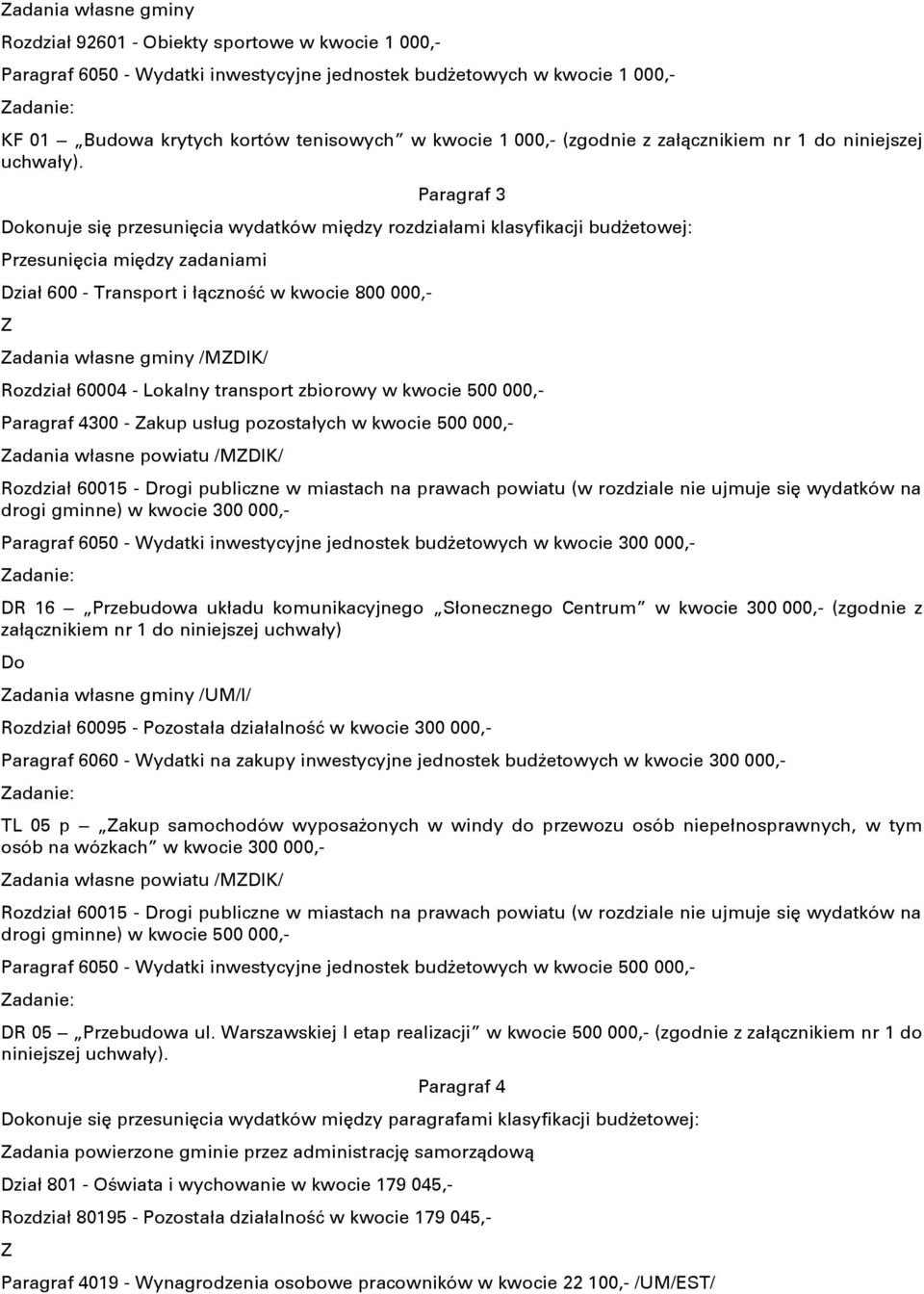 Paragraf 3 konuje się przesunięcia wydatków między rozdziałami klasyfikacji budżetowej: Przesunięcia między zadaniami Dział 600 - Transport i łączność w kwocie 800 000,- adania własne gminy /MDIK/