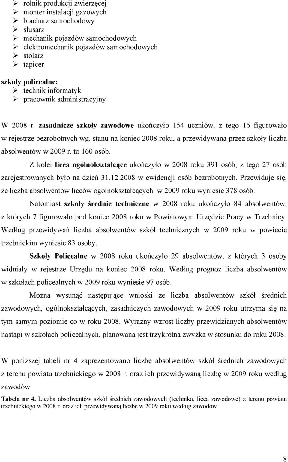 stanu na koniec 2008 roku, a przewidywana przez szkoły liczba absolwentów w 2009 r. to 160 osób.