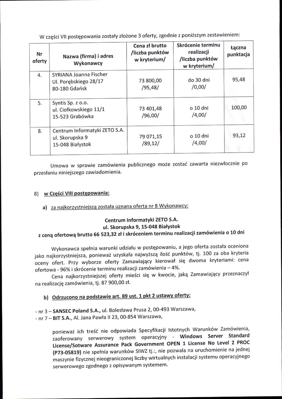 moie zostad zawarta niezwlocznie po 8) w Czesci Vlll PostePowania: a) za naikorzvstnieisza zostata uznana oferta nr 8 Wvkonawcv: Centrum lnformatyki ZETO S'A.