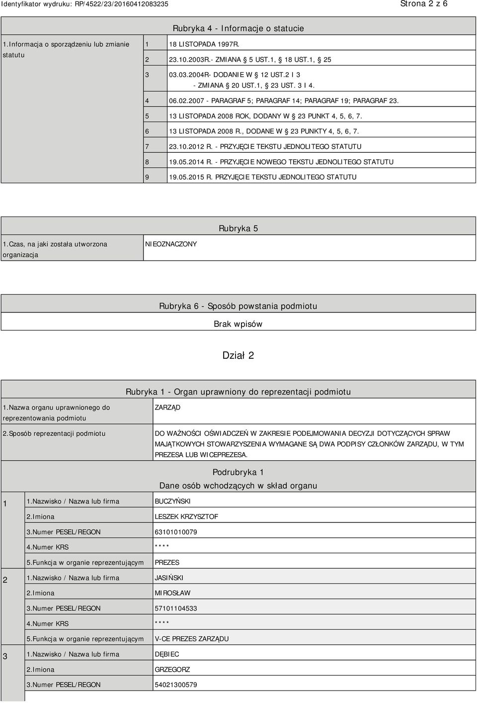 , DODANE W 23 PUNKTY 4, 5, 6, 7. 7 23.10.2012 R. - PRZYJĘCIE TEKSTU JEDNOLITEGO STATUTU 8 19.05.2014 R. - PRZYJĘCIE NOWEGO TEKSTU JEDNOLITEGO STATUTU 9 19.05.2015 R.