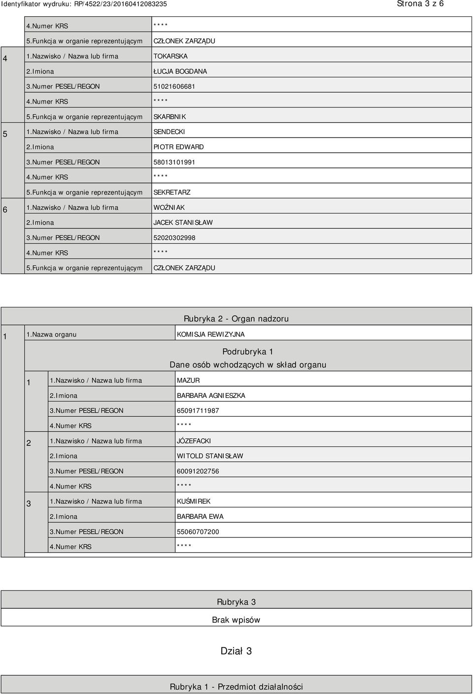 Nazwa organu KOMISJA REWIZYJNA Podrubryka 1 Dane osób wchodzących w skład organu 1 1.Nazwisko / Nazwa lub firma MAZUR BARBARA AGNIESZKA 3.Numer PESEL/REGON 65091711987 2 1.