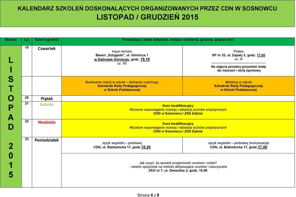 Zabrze nr 3, ul. Zapały 3, godz. 7. cz. Na zajęcia prosimy przynieść matę do ćwiczeń i strój sportowy Mobbing w szkole w zkole odstawowej 3 oniedziałek CN, ul.