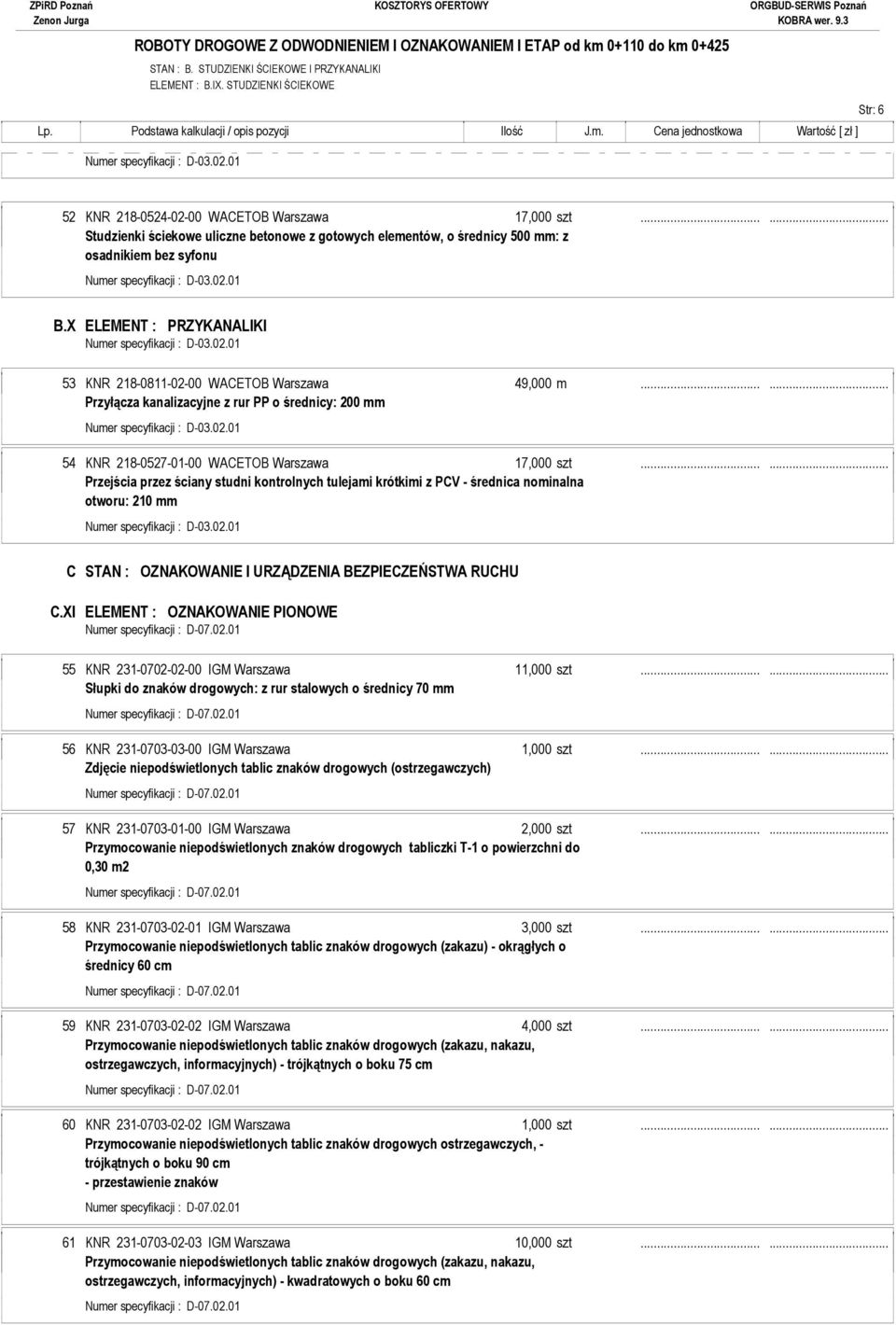 X ELEMENT : PRZYKANALIKI 53 KNR 218-0811-02-00 WACETOB Warszawa 49,000 m...... Przyłącza kanalizacyjne z rur PP o średnicy: 200 mm 54 KNR 218-0527-01-00 WACETOB Warszawa 17,000 szt.