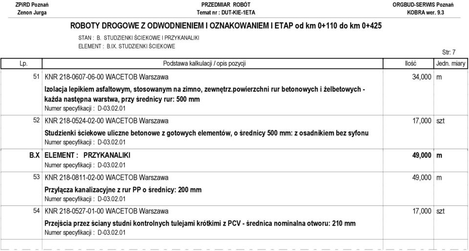 powierzchni rur betonowych i żelbetowych - każda następna warstwa, przy średnicy rur: 500 mm 52 KNR 218-0524-02-00 WACETOB Warszawa 17,000 szt Studzienki ściekowe uliczne betonowe z gotowych