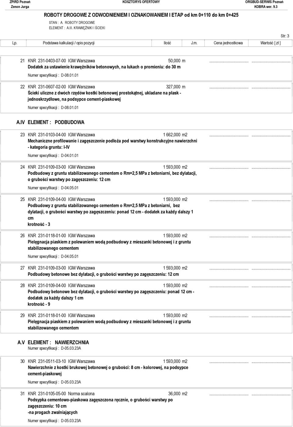 ..... Dodatek za ustawienie krawężników betonowych, na łukach o promieniu: do 30 m 22 KNR 231-0607-02-00 IGM Warszawa 327,000 m.