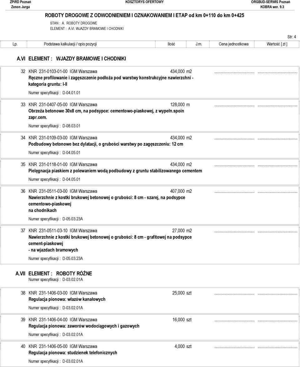 ..... Ręczne profilowanie i zagęszczenie podłoża pod warstwy konstrukcyjne nawierzchni - kategoria gruntu: I-II 33 KNR 231-0407-05-00 IGM Warszawa 128,000 m.
