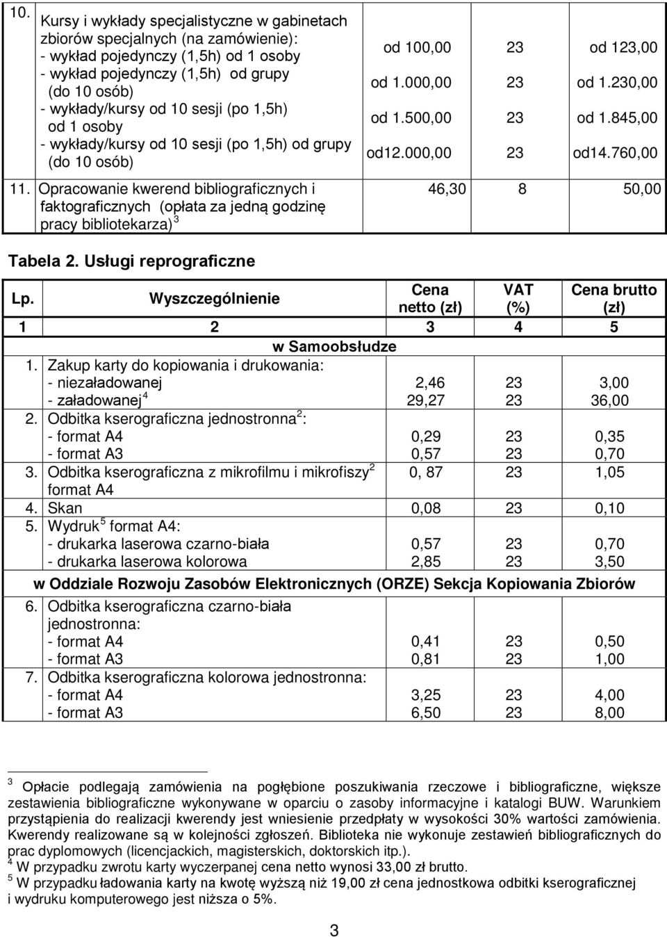 Opracowanie kwerend bibliograficznych i faktograficznych (opłata za jedną godzinę pracy bibliotekarza) 3 od 100,00 od 1.000,00 od 1.500,00 od12.000,00 od 1,00 od 1.0,00 od 1.845,00 od14.