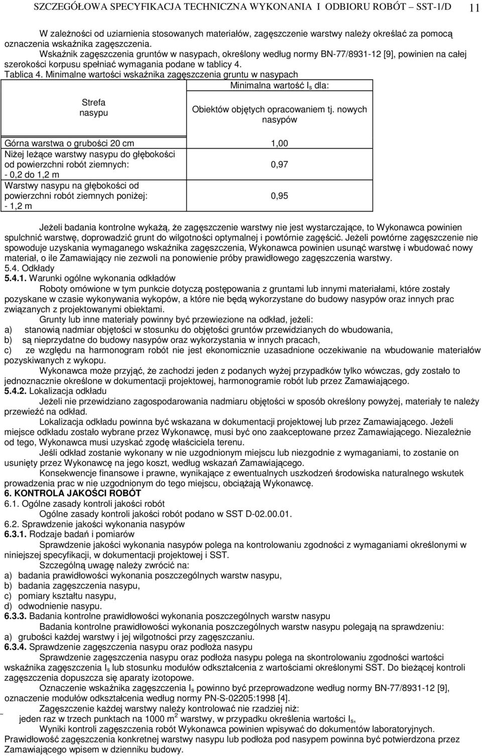 Minimalne wartości wskaźnika zagęszczenia gruntu w nasypach Minimalna wartość I s dla: Strefa nasypu Obiektów objętych opracowaniem tj.