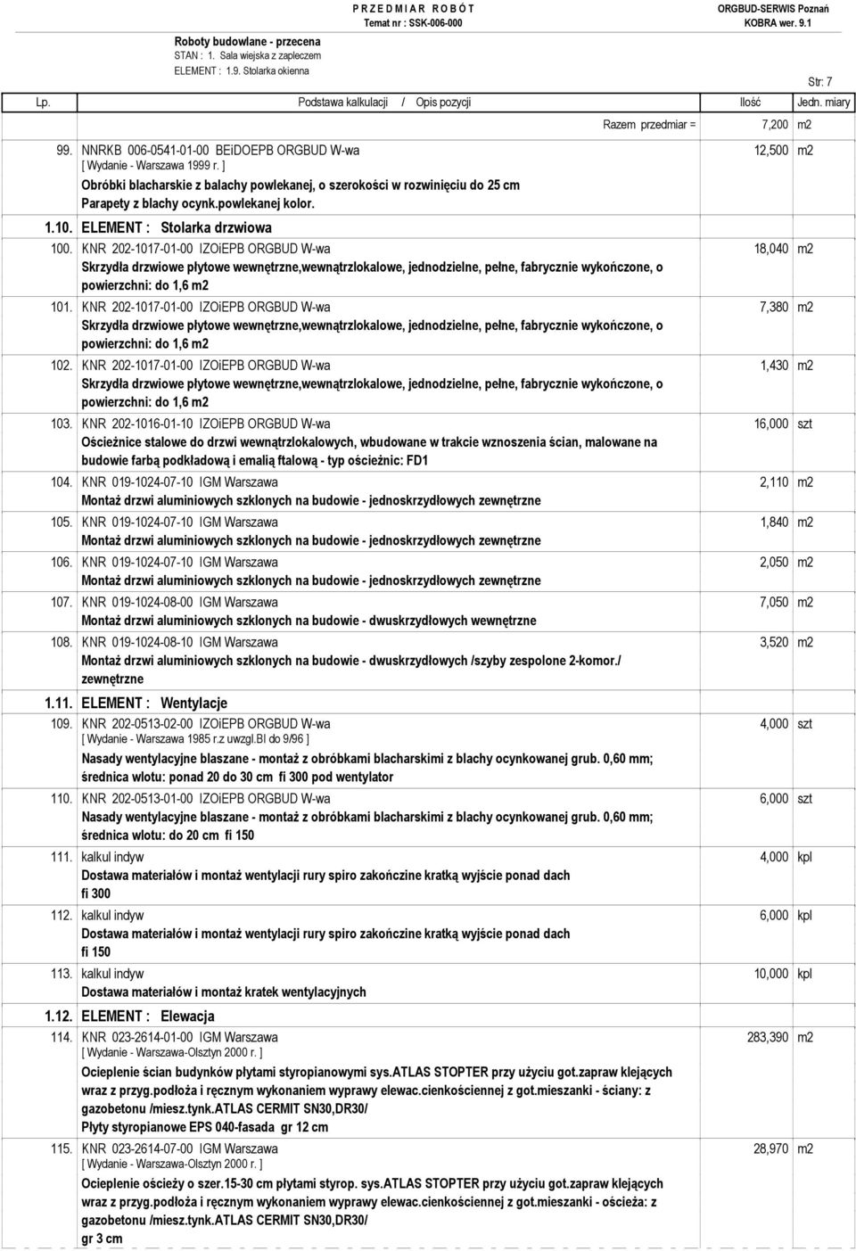 KNR 202-1017-01-00 IZOiEPB ORGBUD W-wa 18,040 m2 Skrzydła drzwiowe płytowe wewnętrzne,wewnątrzlokalowe, jednodzielne, pełne, fabrycznie wykończone, o powierzchni: do 1,6 m2 101.